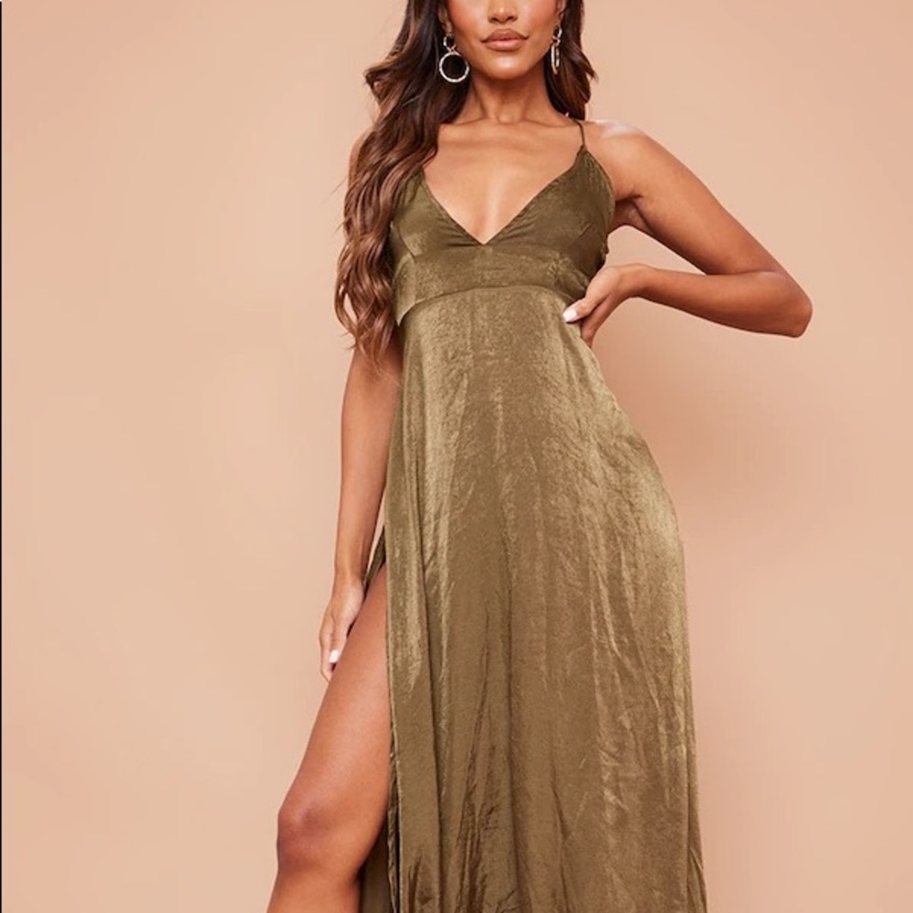Beccie Khaki Split Strappy Back Maxi Dress
